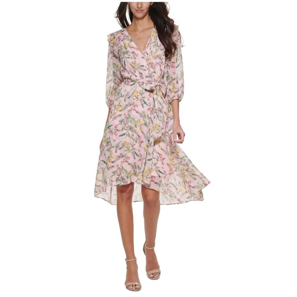 Tommy Hilfiger Womens Balloon Sleeve Faux Wrap Flounce Dress, Pink, 2, DM